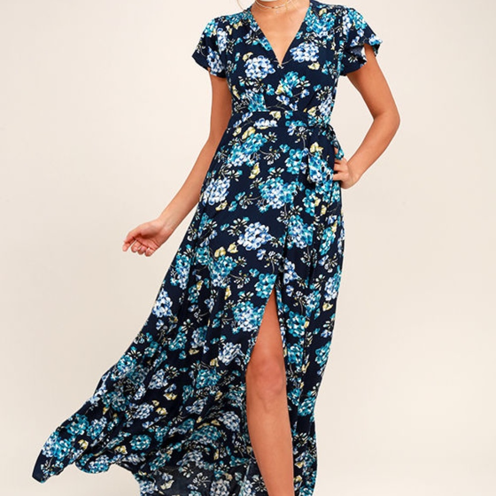Hydrangea navy print floral maxi wrap from lulus